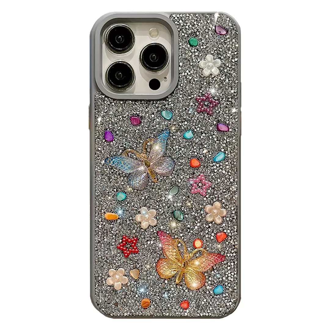 iPhone 16 Pro Max Butterfly and Diamond Bling Case Light Gray